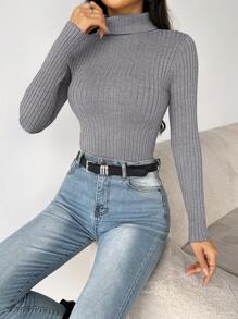 SHEIN PETITE Women Casual High Neck Solid Color Ribbed Knit Sweater, Autumn/Winter