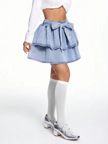 SHEIN EZwear Women's Denim A-Line Double-Layer Cake Skirt, Bow Front - Light Wash - View 5