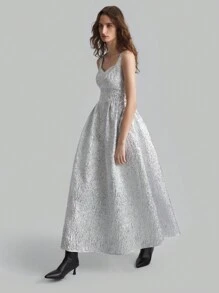 Ontre Women Silver Pleated Long Dress, Elegant For Christmas Party & Events, Winter