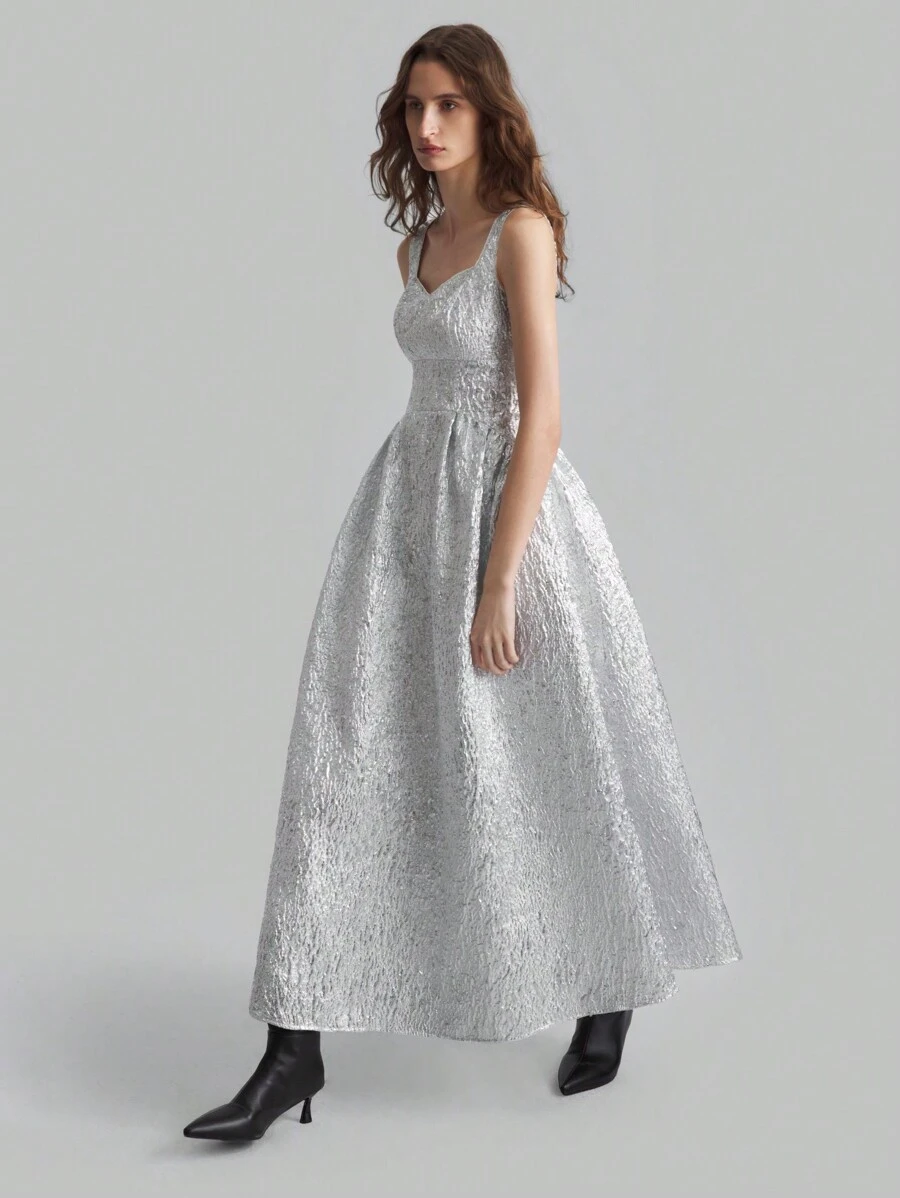 Ontre Women Silver Pleated Long Dress, Elegant For Christmas Party & Events, Winter