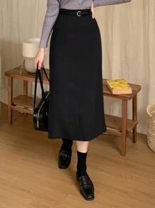 DAZY 女士纯色后开衩铅笔裙 - 黑色 - 查看 3