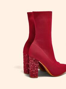 CUCCOO BASICS Women Red Pointed Toe Elastic Thick High Heel One-Push-On Knitted Ankle Boots Spring Shoes Spring Break Easter - Red - View 4