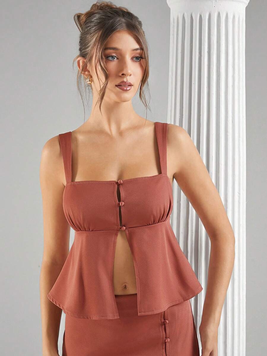 L'Amorae Women's Elegant Summer Solid Color Peplum Top,Rust Square Neck Button Front Open Slit Sleeveless Casual Brunch Shirt For Party,,Festivals - Rust Brown - View 1