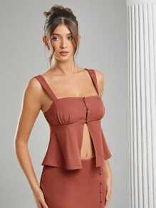 L'Amorae Women's Elegant Summer Solid Color Peplum Top,Rust Square Neck Button Front Open Slit Sleeveless Casual Brunch Shirt For Party,,Festivals - Rust Brown - View 3