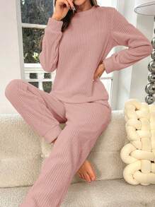 2pcs Solid Color Sherpa Crew Neck Long Sleeve Top And Pants Fluffy Pajama Set Cozy Outfit, Fall Winter Clothes