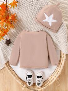 1pc Baby Boy Fashionable Adorable Versatile Five-Pointed Star Embroidery Knit Sweater With Hood - Khaki - View 2