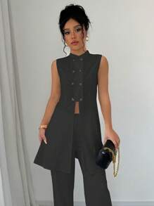 Chiquease 女士纯色纽扣无袖简约休闲上衣 - 黑色 - 查看 1