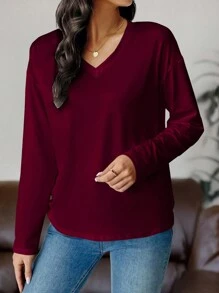 EMERY ROSE Women's Long Sleeve V-Neck Solid Color Simple T-Shirt - Burgundy - View 5