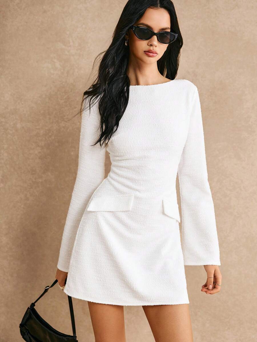 Poéselle 粗花呢白色连衣裙，女士优雅纯色喇叭袖短裙，露背连衣裙，秋季、冬季女装，喇叭袖设计，优雅时尚，警笛办公室，适合日常、街头、宴会、派对和其他场合穿着。 - 白色 - 查看 1