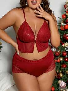Conjunto de pijama de encaje y malla sexy para mujer de talla grande para Navidad