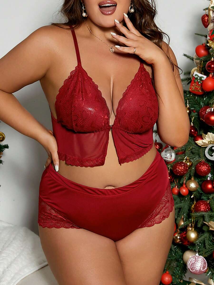 Conjunto de pijama de encaje y malla sexy para mujer de talla grande para Navidad