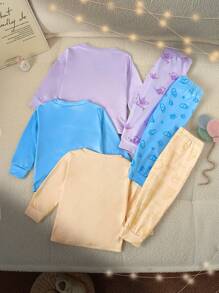 SHEIN 6pcs/Set Baby Girl Party Princess, Prince, Snow Queen Graphic Long Sleeve Top And Pants Set, Casual Home Outfit For Autumn/Winter - Multicolor - View 2
