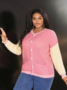 Slaydiva Chaqueta con botones de punto con bloques de color y ribetes a rayas para el otoño/invierno, de uso diario informal, con bolsillos dobles, talla grande