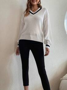 Chiquease 休闲宽松 V 领拼色罗纹饰边落肩毛衣，秋冬 - 白色 - 查看 4