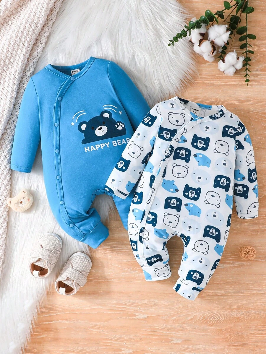 2 件套男婴冬季卡通印花前纽扣长袖睡衣连体衣 - 彩色 - 查看 1