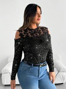 SHEIN Clasi Camisa ajustada de hombros caídos con encaje de contraste, elegante para otoño, talla grande