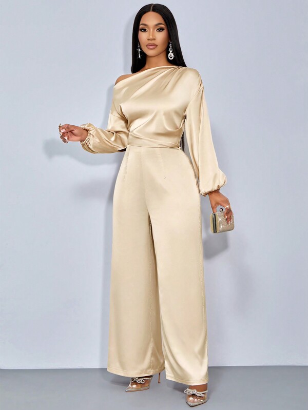 SOLERSUN Winter Clothes For Women Elegant Asymmetric Neckline Ruched Side Satin Long Sleeve Jumpsuit,Suitable For Christmas Party Vacation & Dating,Valentine's Day Dating