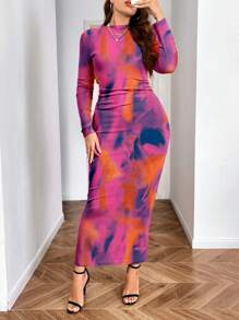Celure Plus Size Tie Dye Print Ruffle Collar Long Sleeve Dress Maxi Women Outfit