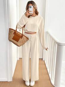 SHEIN Frenchy 2 件套纯色圆领长袖上衣和抽绳腰长裤，休闲