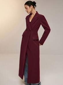 Poéselle Women's Elegant Business Peak Lapel Cinched Waist Double-Breasted Jacket, Autumn - Burgundy - View 5