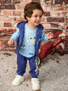 SHEIN This 3-Piece Baby Boys Cartoon Animal Pattern Vest Jacket Set With Long Sleeve T-Shirt And Pants Adds A Touch Of Cuteness And Warmth To Baby's Winter Outfit. Specially Designed For Cold Weather, It Provides All-Around Warmth And Comfort For The Baby.