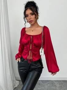 Elenzga Blusa elegante de estilo cárdigan con nudo delantero de satén de alta gama para mujeres, color borgoña