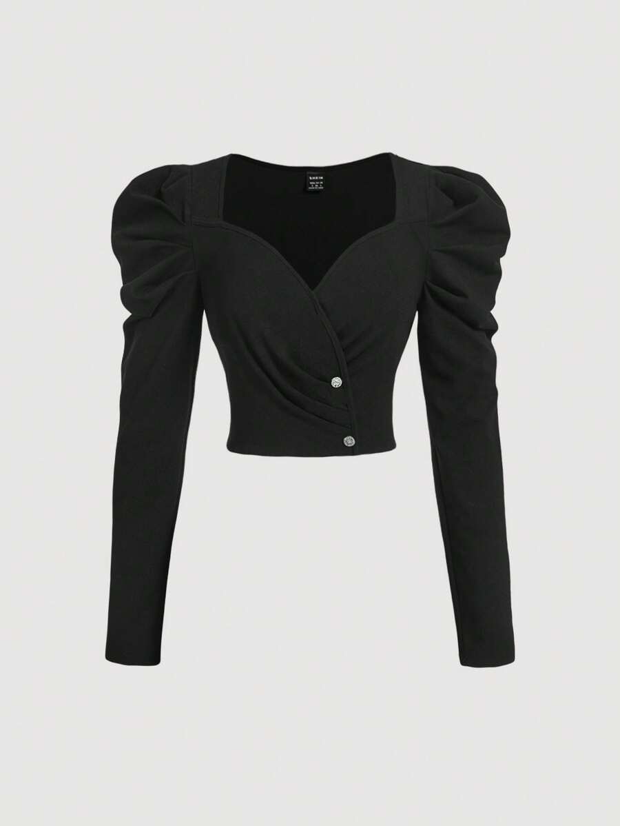 SHEIN MOD Chemise à manches bouffantes noire pour femmes en saison d'hiver, élégante chemise pour femmes travaillant à l'extérieur du domicile - Noir - Voir 1