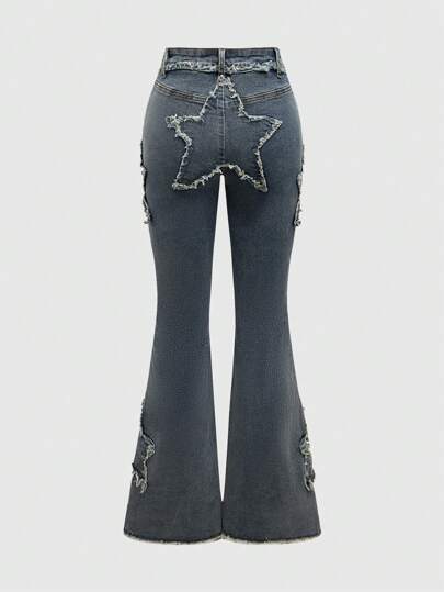 Our Grunge Punk Women Retro Washed Flare Jeans With Star