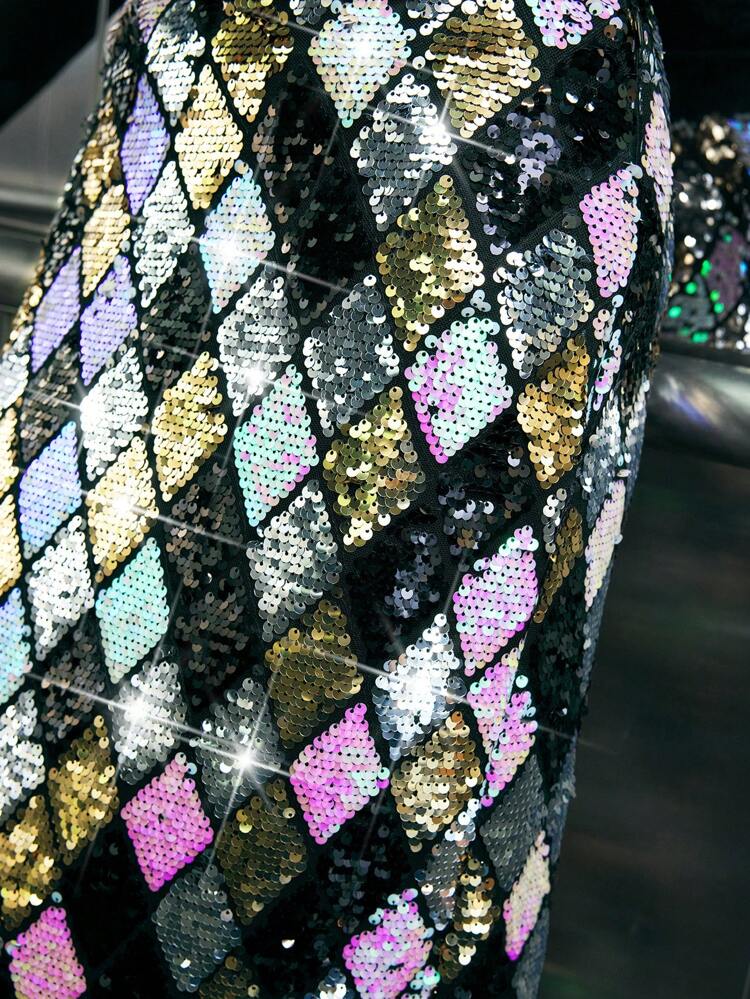 SHEIN Maija Women's Black And Silver Colorful Geometric Sequin Fabric Elastic Waist Side Invisible Zipper Slit Fitted Midi Skirt,Winter,Elegent,Bar Party Holiday