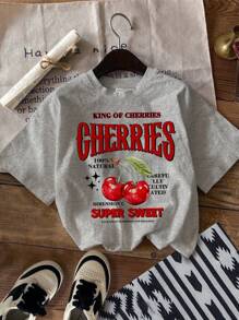 SHEIN EZwear 休闲简约樱桃印花圆领短袖短款修身 T 恤，适合夏季 - 淺灰色 - 查看 8