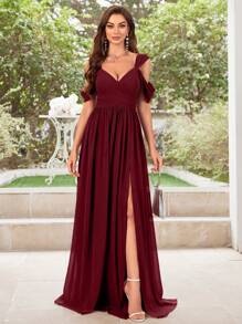 Solid Color Spaghetti Strap Simple Ruched Slit Short Sleeve Chiffon Party Dress, Bridesmaid Dress - Burgundy - View 5