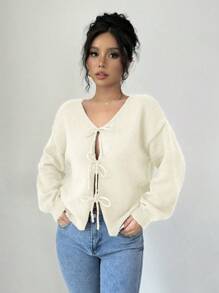 SHEIN Unity 女士休闲纯色前系带落肩开衫，秋冬季长袖上衣 - 杏色 - 查看 1