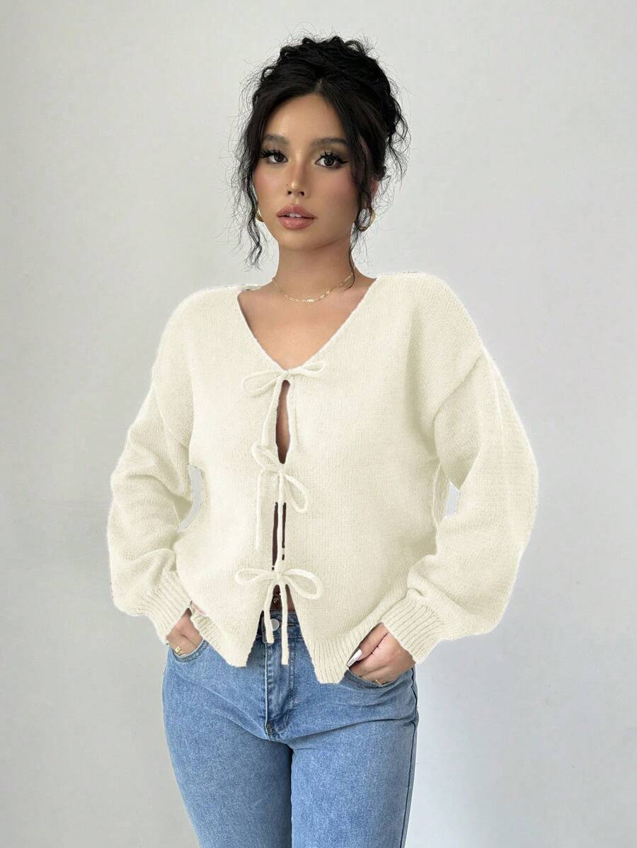 SHEIN Unity 女士休闲纯色前系带落肩开衫,秋冬季长袖上衣 - 杏色 - 查看 1