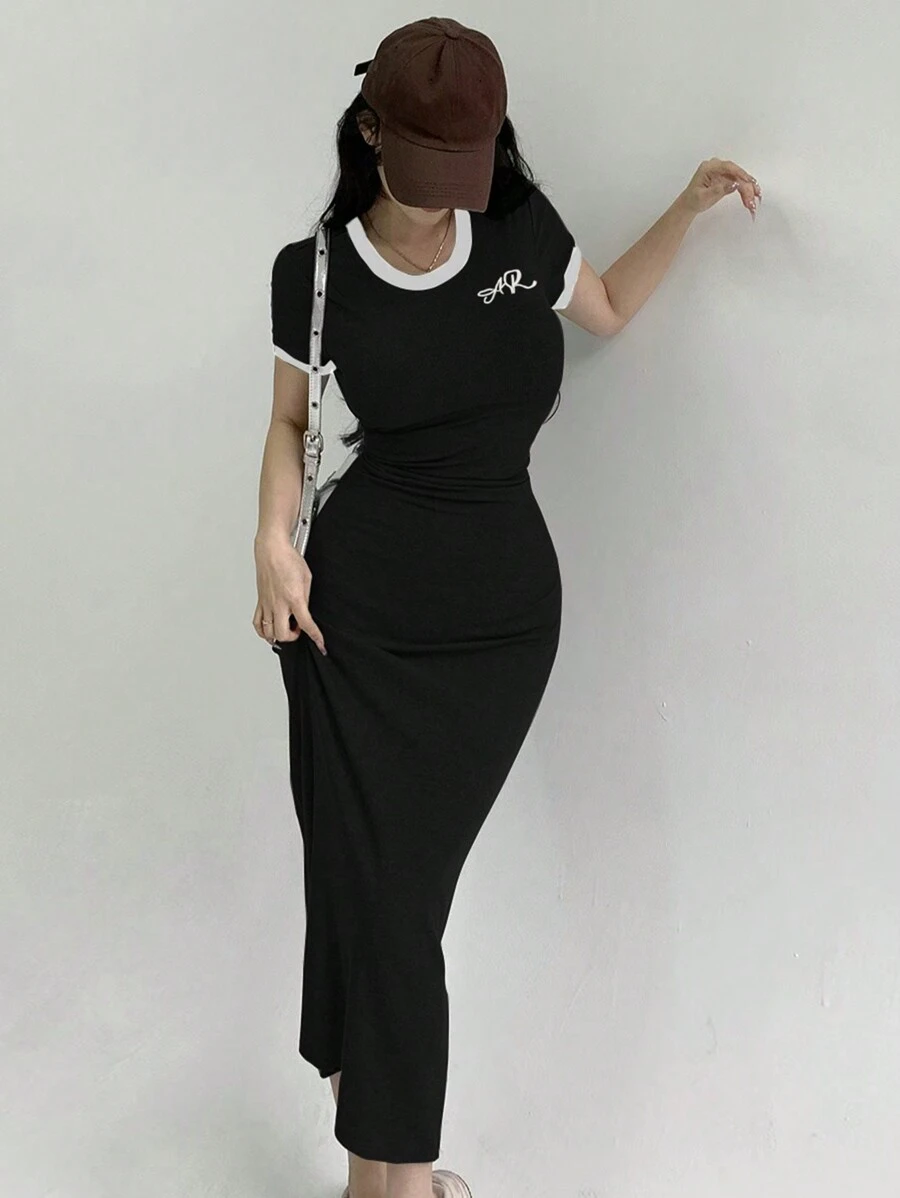 DAZY 休闲百搭拼色短袖修身连衣裙 - 黑色 - 查看 1