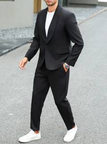 Manfinity Mode 2pcs Plus Size Men Casual Shawl Collar Jacket & Pants Suit Set, Autumn - Black - View 6