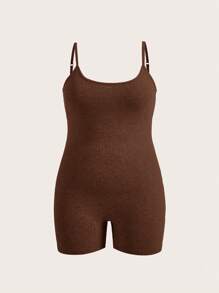 Slaydiva Jumpsuit Tipis Bertekstur Ribbed Warna Polos untuk Wanita Ukuran Plus, Cocok untuk Sehari-hari, Kasual & Olahraga, Musim Semi/Musim Panas - Coklat - View 6