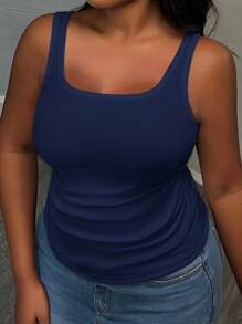 Slaydiva Women Plus Size Basic Strappy Tank Top, Casual Narrow Rib Knit Asymmetric Ruched Sleeveless Deep U-Neck - Blue - View 4