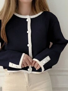 DAZY 女式拼色圆领修身开衫，秋季女装 - 藏蓝色 - 查看 5