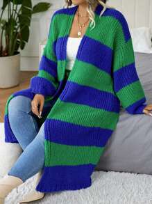 SHEIN CURVE+ 极简时尚大码蓝绿条纹开衫毛衣，简约休闲舒适，采用优质面料制成，亲肤，穿着无忧，适合毕业典礼，节日，母亲节，万圣节，新年，情人节，感恩节，圣诞节，复活节，国庆节，舞会，除夕，冬季 - 藍色 - 查看 7
