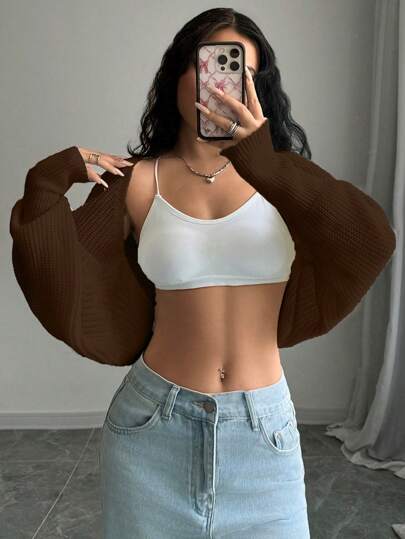 SHEIN Unity 女士纯色短款休闲背心开衫，秋冬，长袖上衣