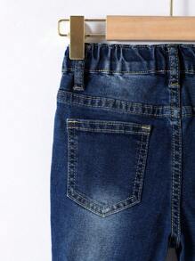 Young Boy Medium Blue Wash Simple Versatile Casual Roll-Up Hem Elastic Waist Jeans Summer Holiday