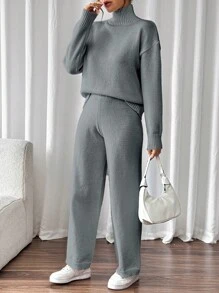 Chiquease 2 件套女士纯色高领落肩长袖休闲毛衣和针织裤套装，秋冬 - 灰色 - 查看 3