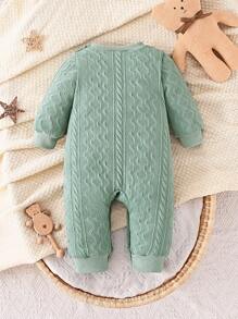 SHEIN Baby Boy Casual Cute Embroidered Cartoon Bear Pattern Textured Jumpsuit, Spring & Autumn - Green - View 2