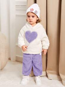 SHEIN Playful Pals 女婴心形毛绒连帽运动衫和裤子套装，秋冬季保暖服装 - 彩色 - 查看 3