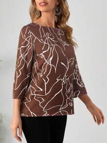 EMERY ROSE 女式抽象脸印花圆领 3/4 袖休闲衬衫，秋季 - 棕色 - 查看 5