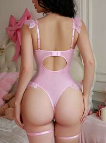 PetitDoll 3pcs Contrast Lace Solid Pink Sexy Lingerie Set, Going Out - Pink - View 2