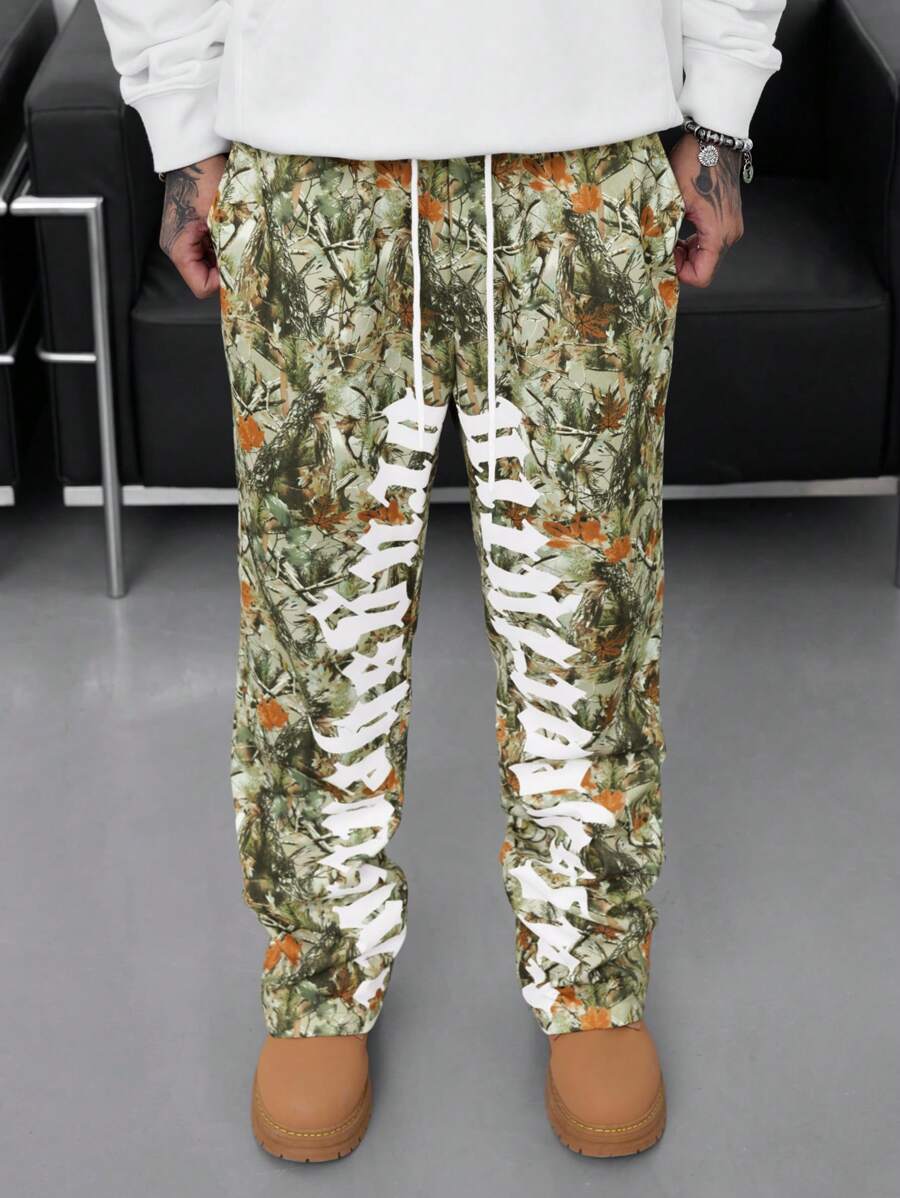 Manfinity Roughcore Men's Letter Print Drawstring Waist Loose Casual Sweatpants - Multicolor - View 1