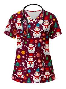 PopScrub Plus Size Cute Snowman Print V-Neck Short Sleeve Pocket Nurse Uniform Top Cute Cartoon Snowman Print Plus Size V-Neck Short Sleeve Pocket Scrubs Top, Suitable For Women Santa Claus With White Beard Cartoon Themed Nursing Uniform Top, Christmas Women Clothes
