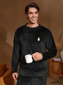 男士舒适柔软雪人刺绣毛绒毛衣和裤子睡衣套装，秋冬 - 黑色 - 查看 5