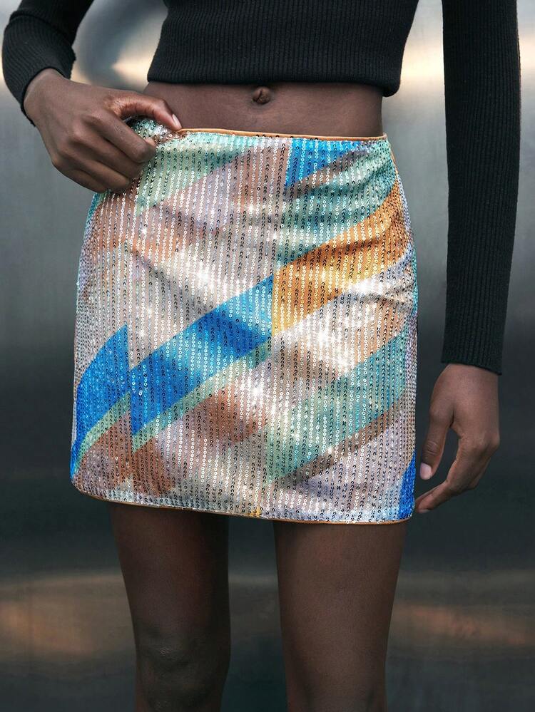 SHEIN Maija Women's Autumn/Winter Geometric Color Block Sequin Embellished Short Slim Fit A-Line Skirt